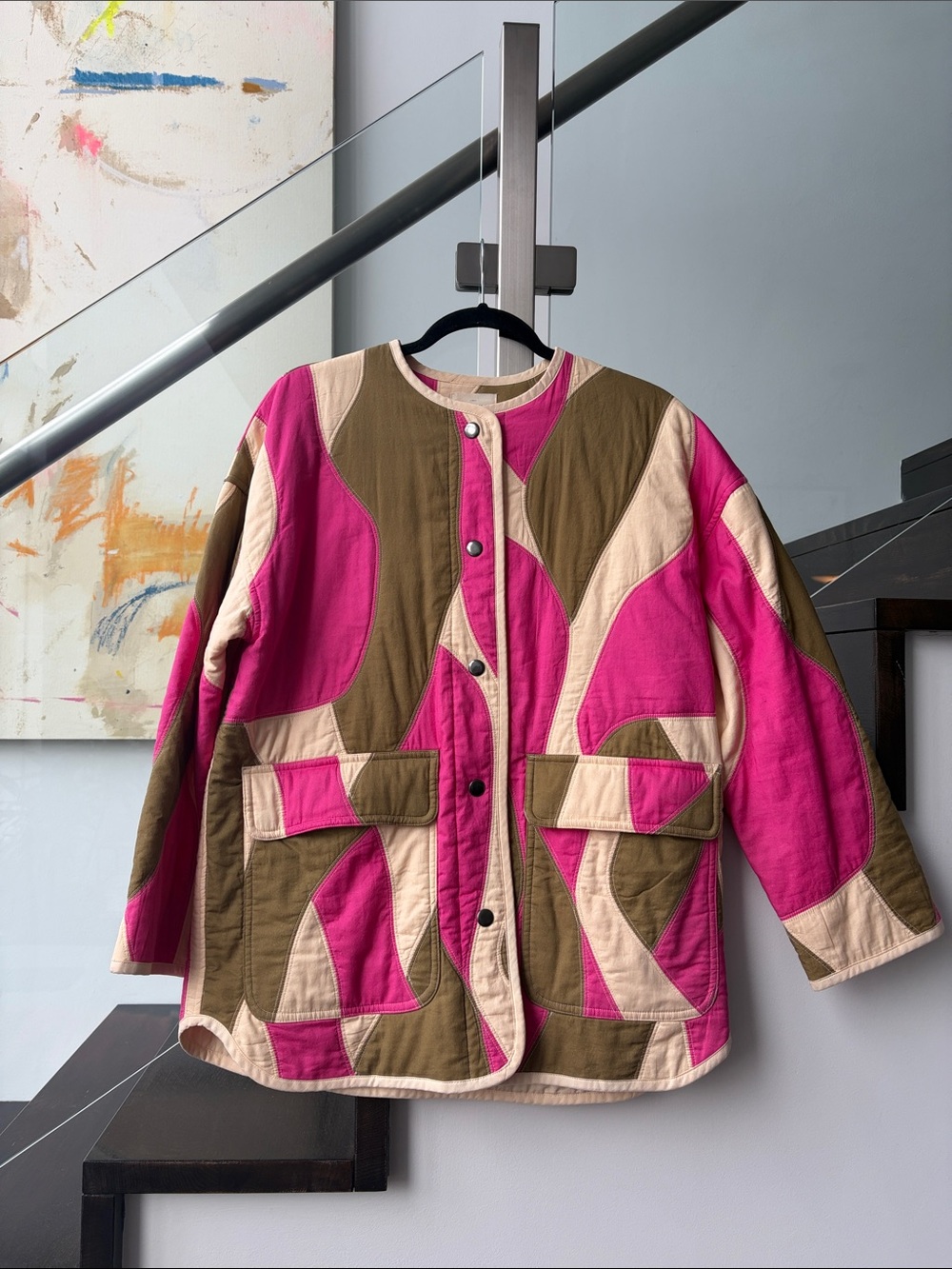 Sezane Colorblock Quilted Jacket in Pink, Olive & Cream